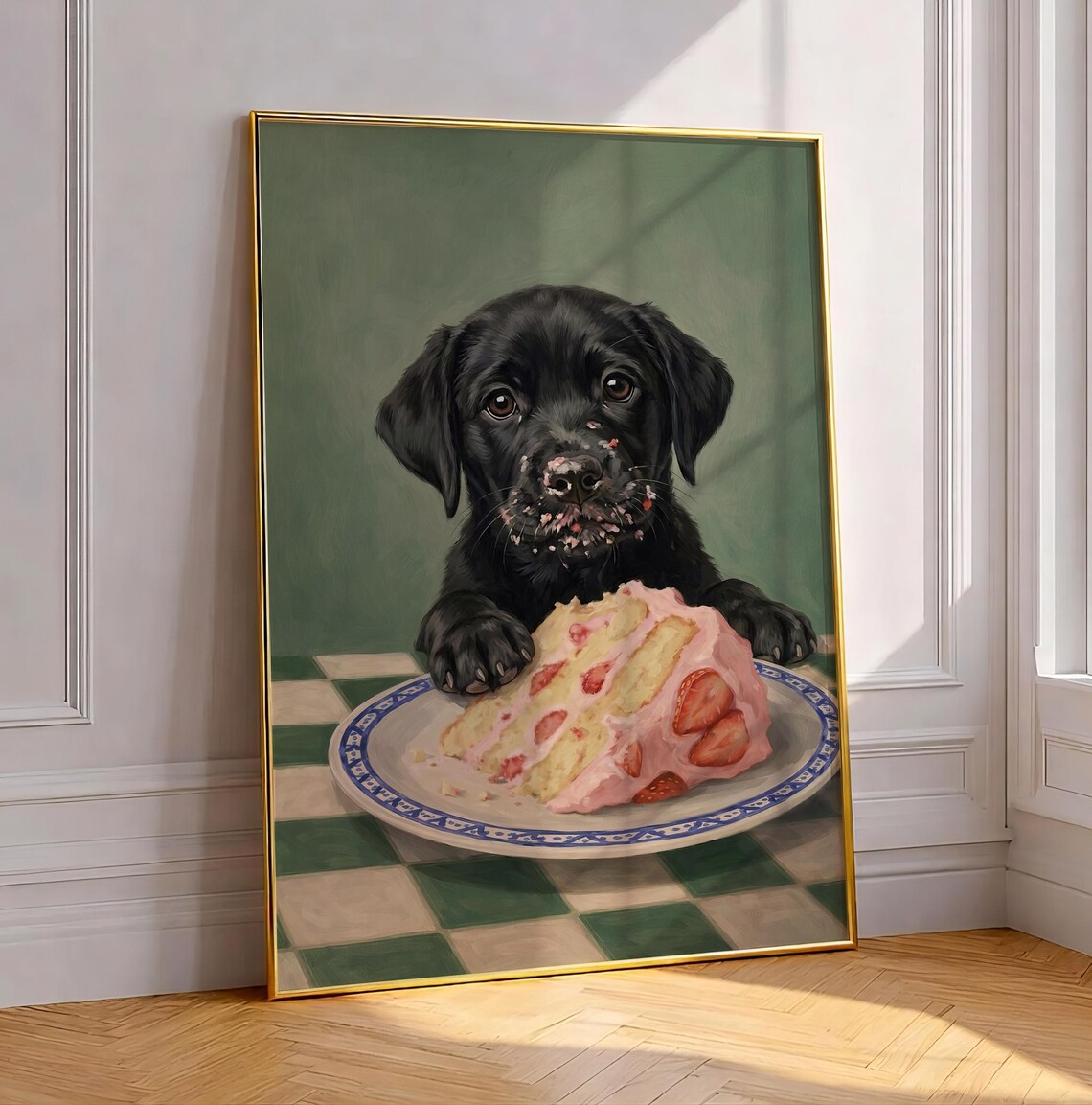 Black Labrador Eating Cake Art Print, Kitchen Decor
