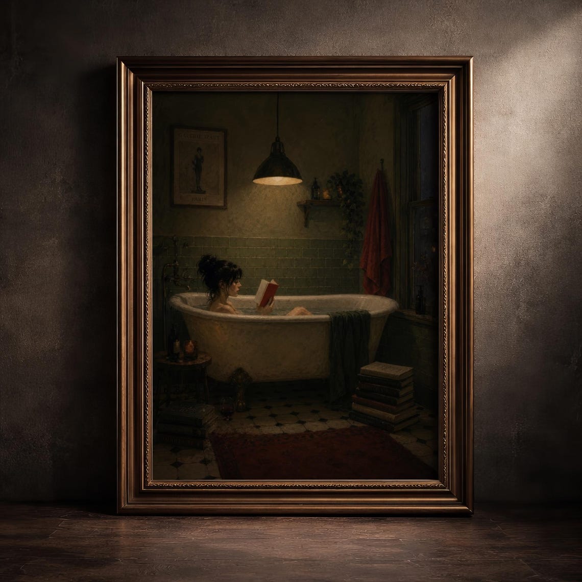 Woman Reading In Bathtub Print Moody Bathroom Wall Art Cozy Bookish Gothic Literary Poster Dark Vintage Clawfoot Tub Earthy Green Decor