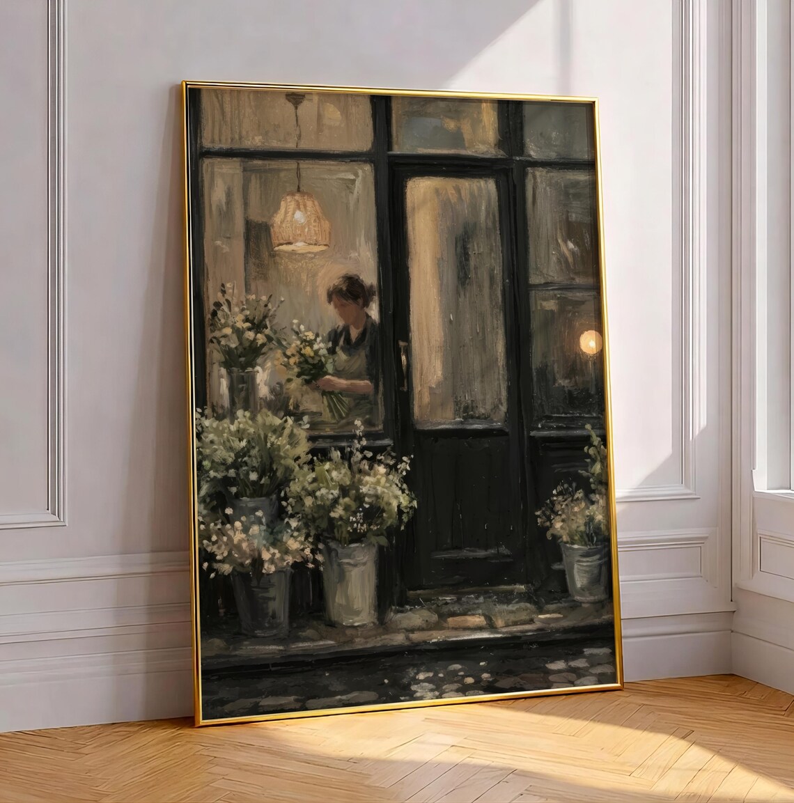 Moody Flower Shop Rainy Window Painting Cozy Botanical Storefront Poster