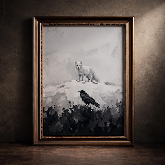 White Raven Black Fox Wall Art Print Symbolic Animal Painting Moody Minimalist Decor Dark Academia Artwork Modern Gothic Winter Poster