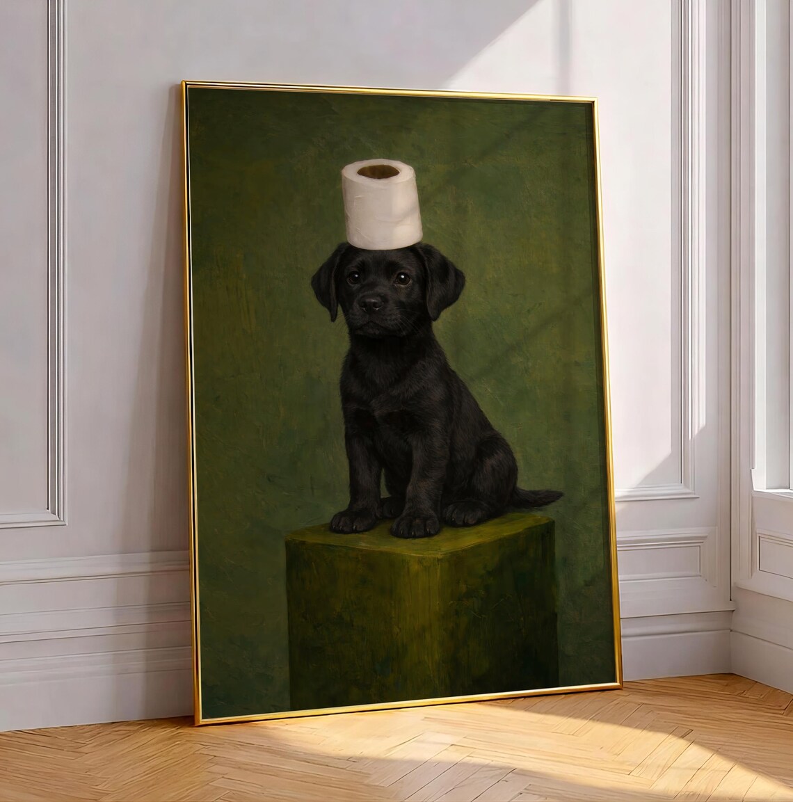 Black Lab Puppy Toilet Paper Roll Funny Vintage Style Animal Poster