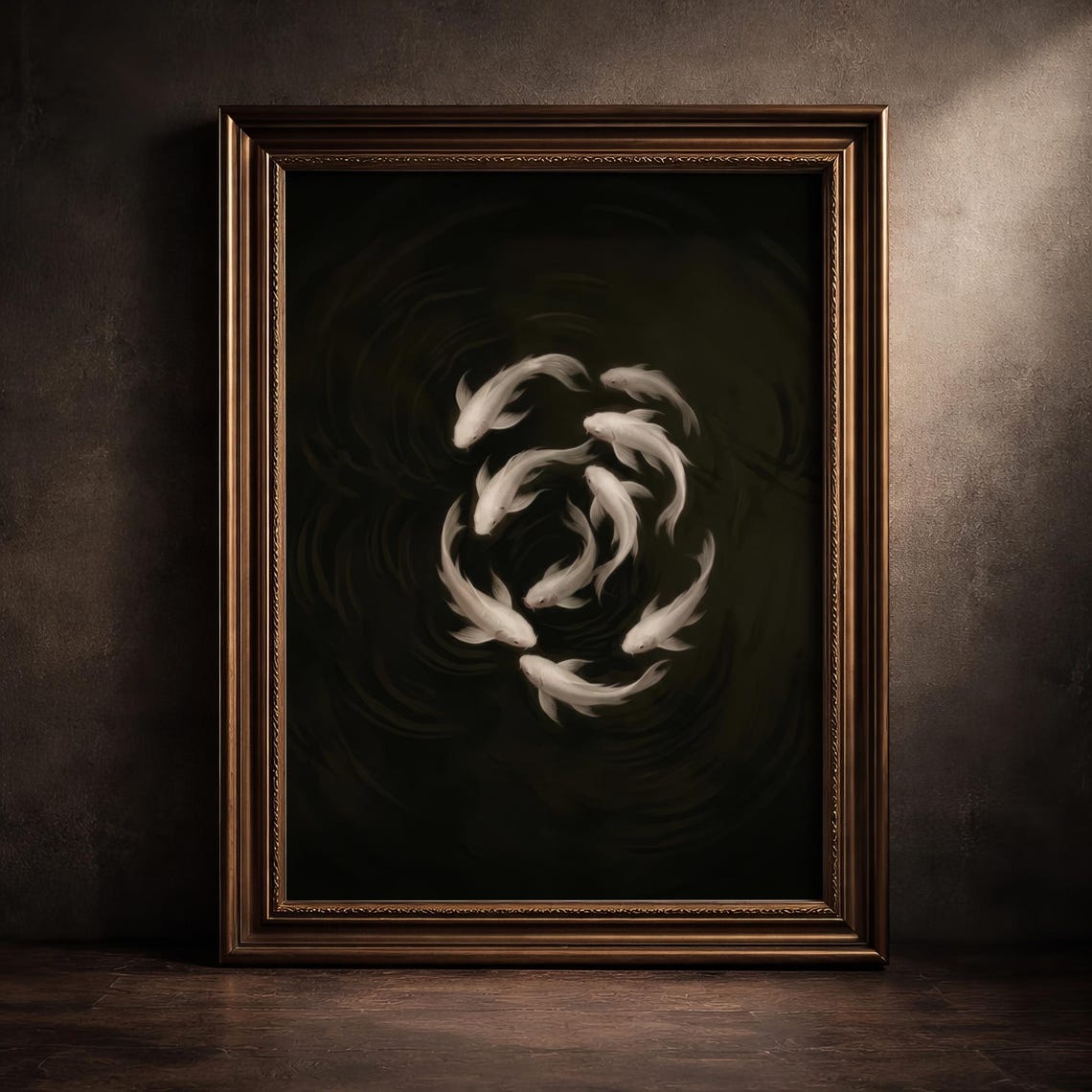 White Koi Fish Circle Dark Moody Zen Pond Watercolor Art Poster