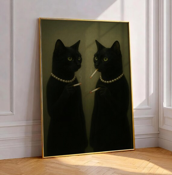 Black Cats Smoking Cigarette Print Vintage Gothic Cat Wall Art Elegant Animal Painting Moody Paris Salon Decor Dark Aesthetic Gift