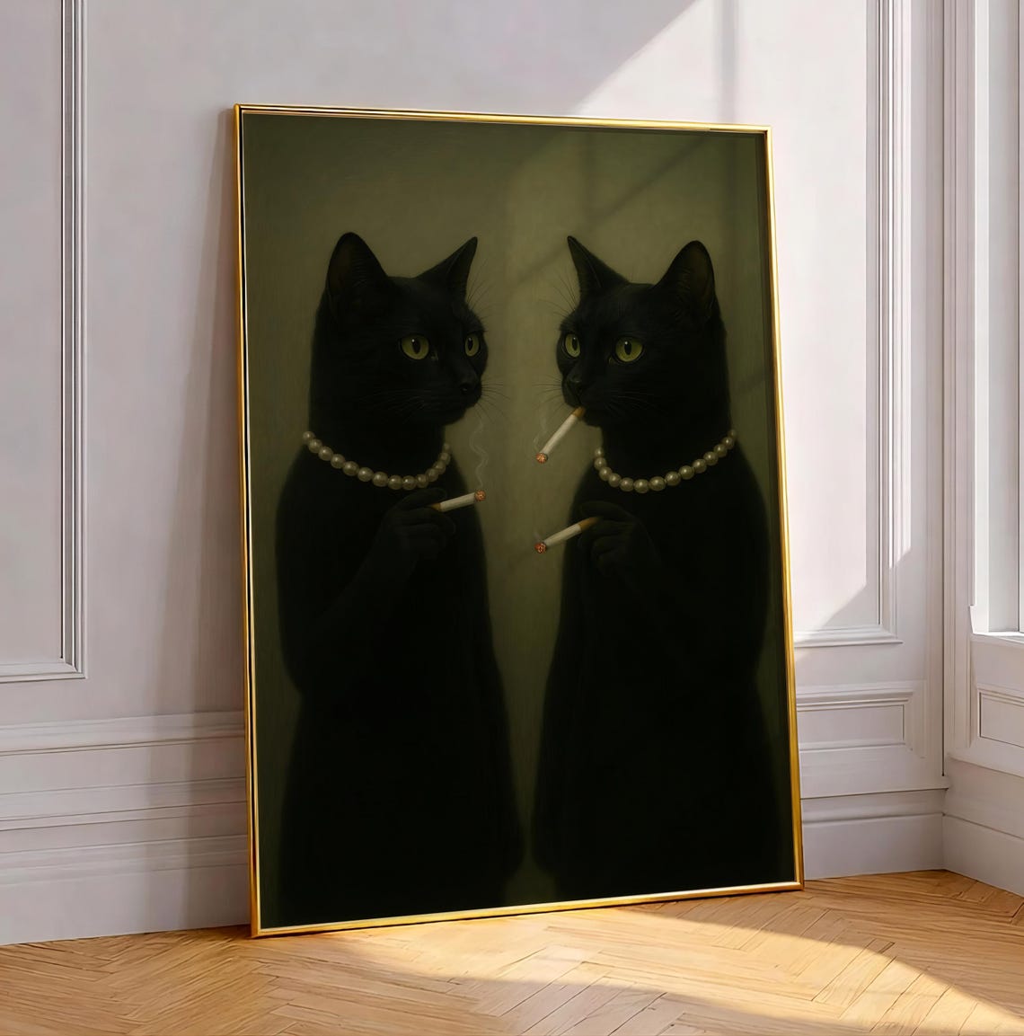 Black Cats Smoking Pearls Moody Vintage Gothic Cat Portrait Poster