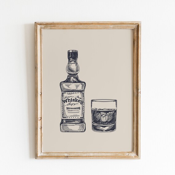 Rustic Vintage Whiskey Bottle Sketch Bar Cart Decor Art Poster