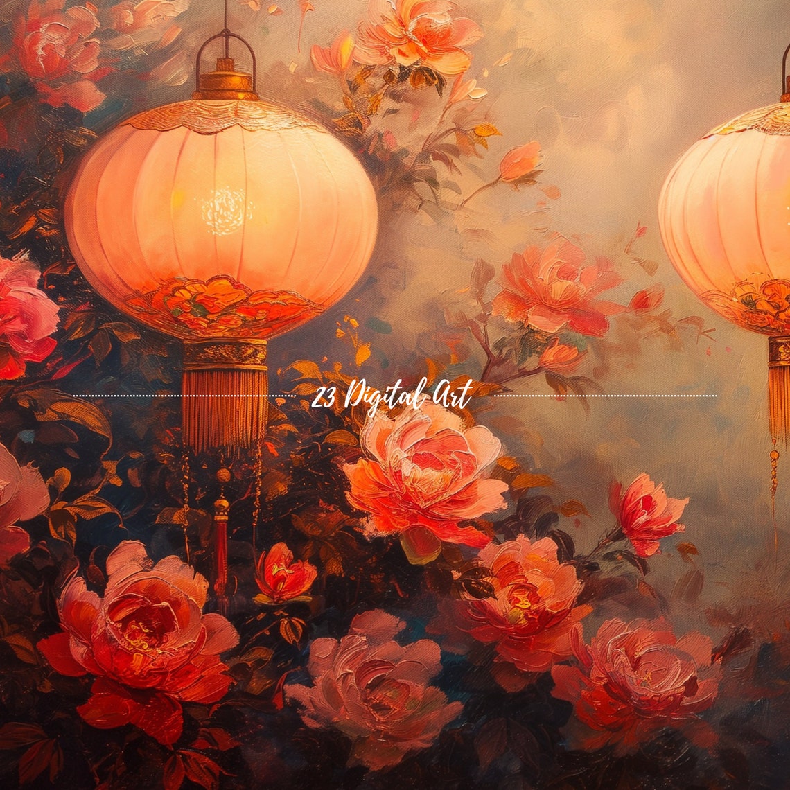 Glowing Red Chinese Lanterns Peonies Romantic Painting Art Print - Image 3