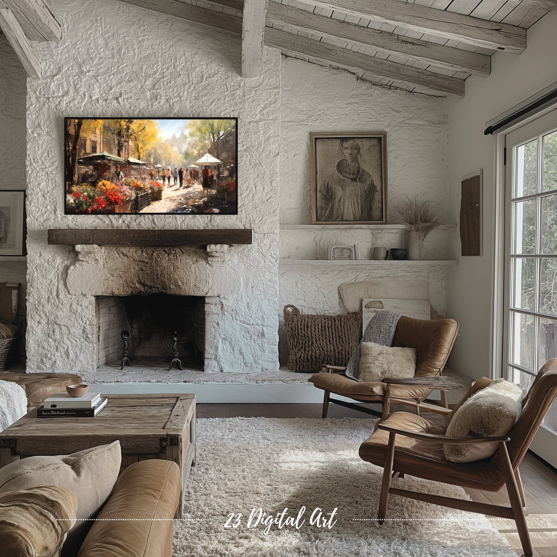 Frame Tv Art Rustic Oil Painting Of People Walking Under The Sunshine In The Market Beautiful Frame Tv Art Classic Summer Tv Art 084 - Image 4