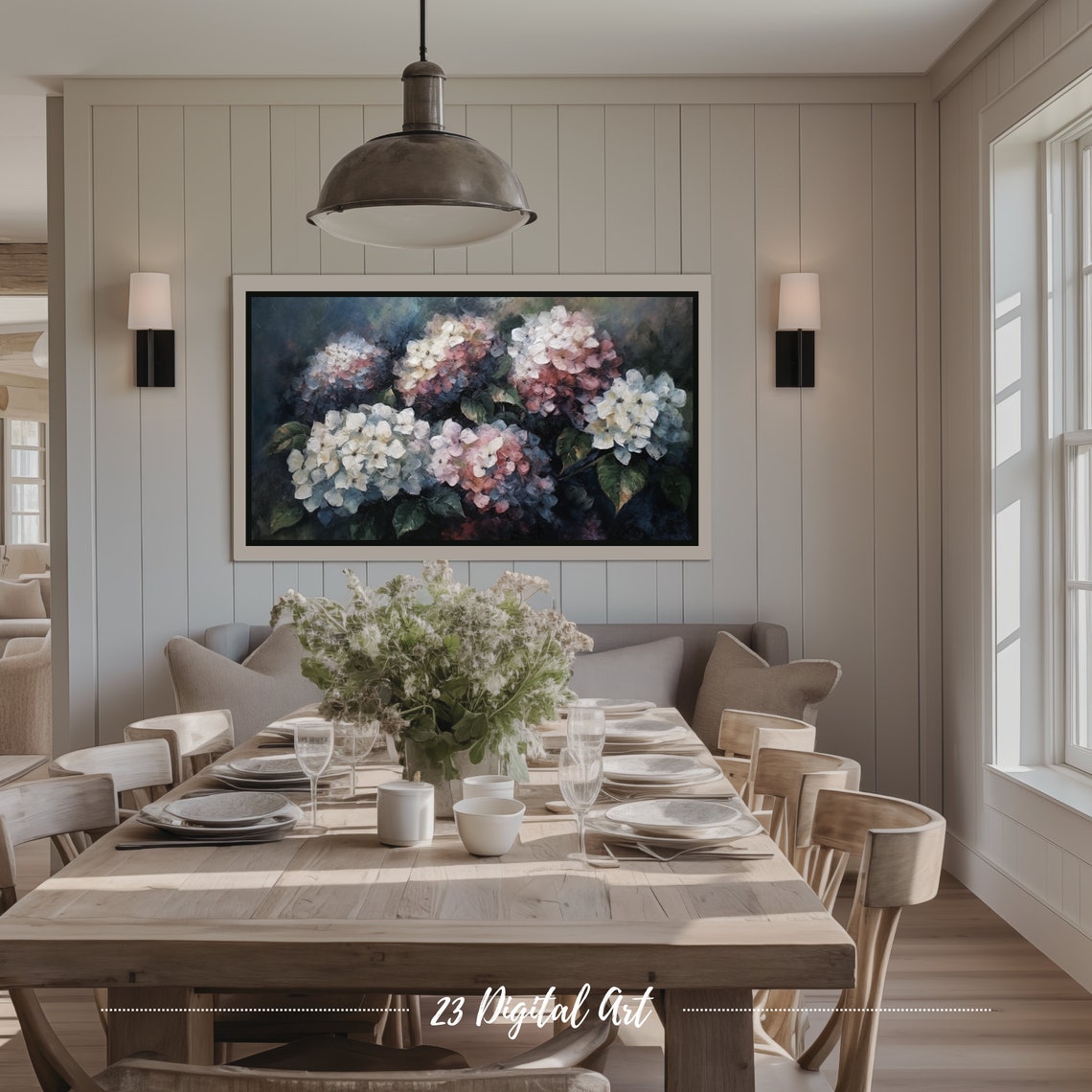 Dark Moody Hydrangeas White Pink Blooms Elegant Floral Art Print - Image 3