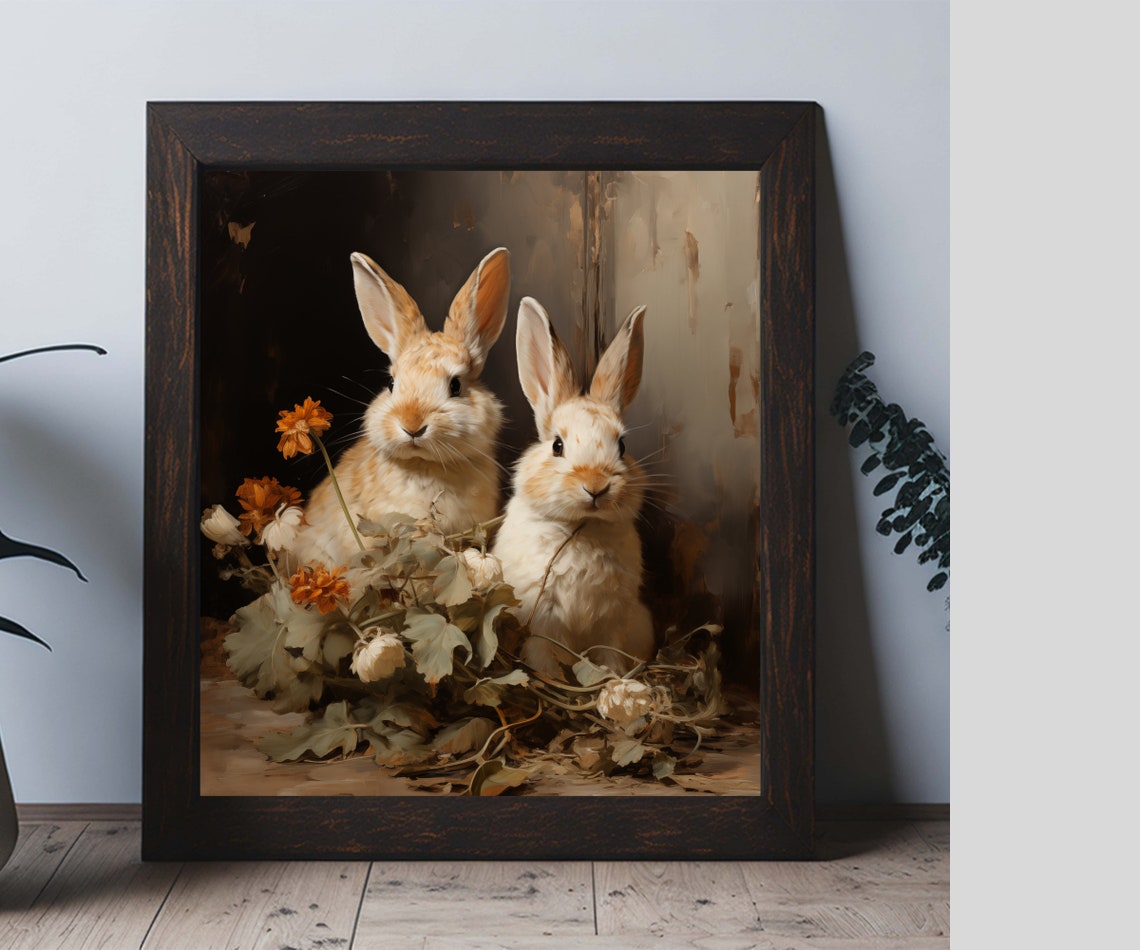 Two Bunnies Vintage Portrait Orange Flowers Dark Wall Art Print Poster - Image 2