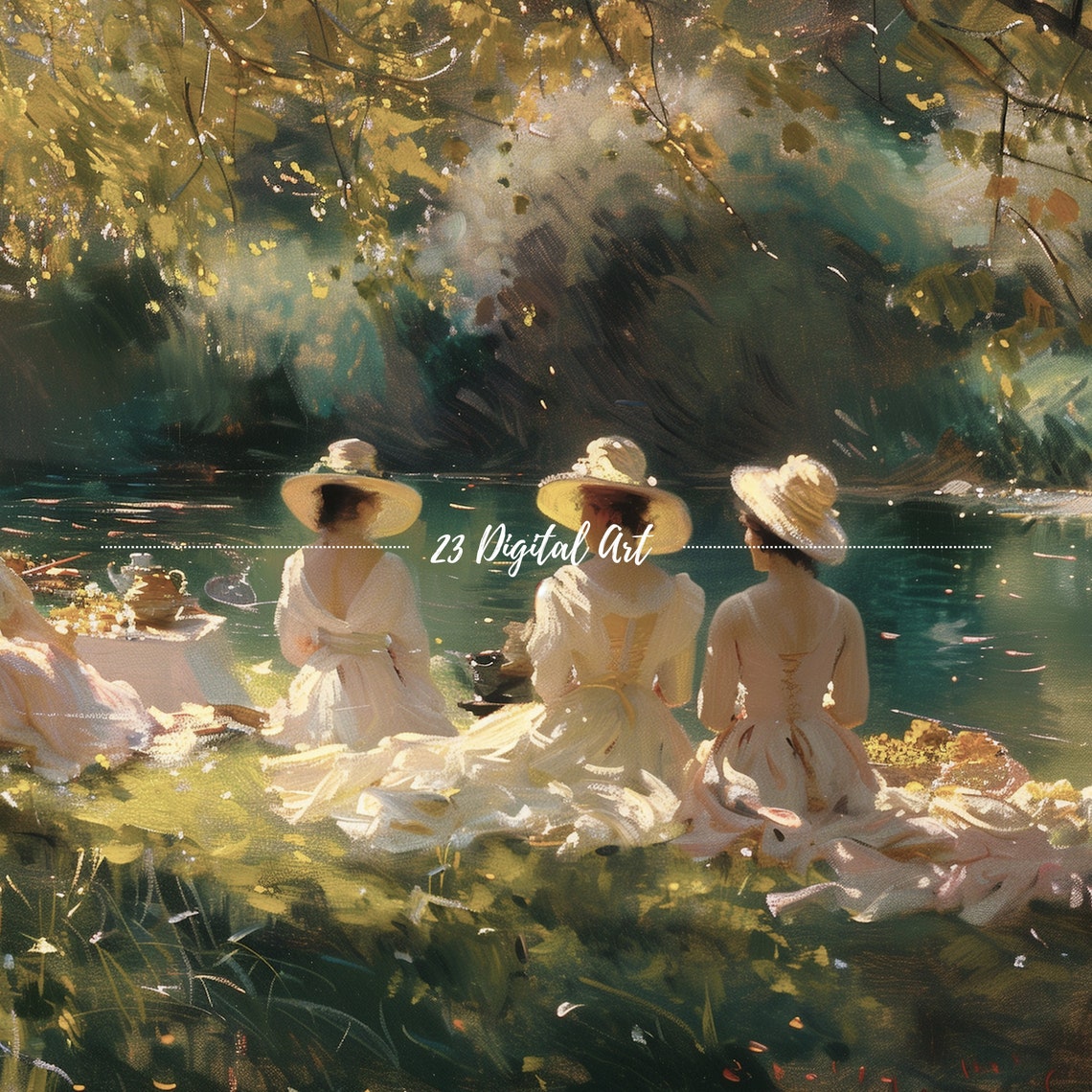 Frame Tv Art Summer Landscape Oil Painting Ladies Sitting In The Park Classic Neutral Country Earthy Green Garden Painting Tv Art 126 - Image 6