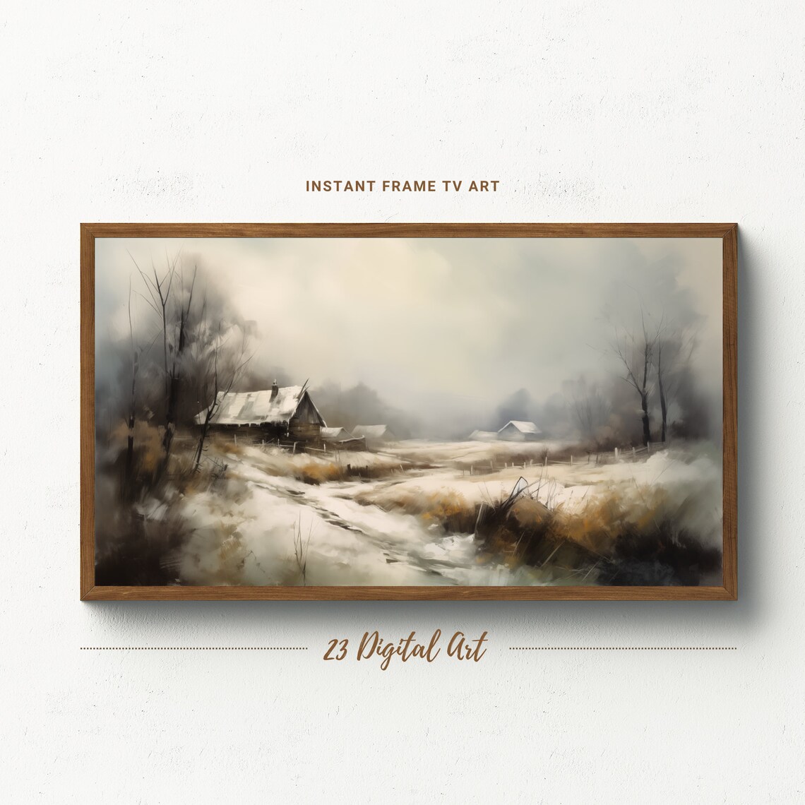 Misty Snowy Farmhouse Foggy Winter Morning Vintage Painting Poster