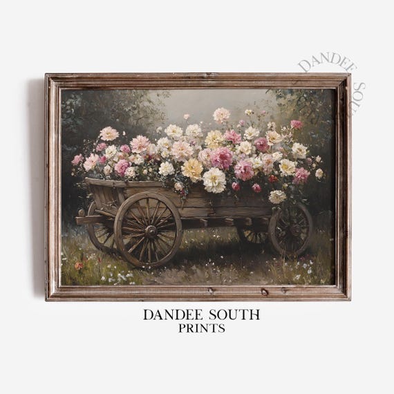 Wildflowers Wall Art Vintage Floral Cart Painting Farmhouse Spring Flowers Decor 330