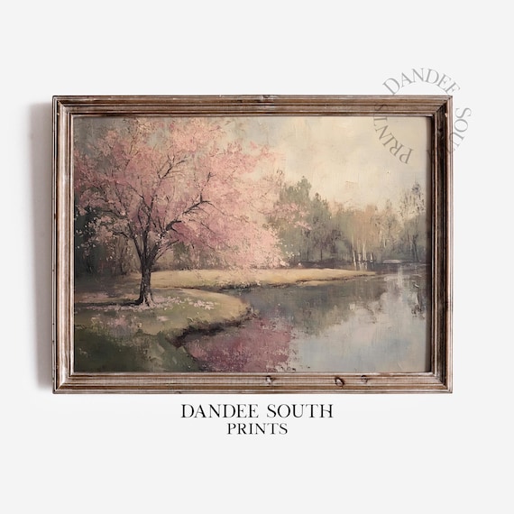 Cherry Blossom Tree River Spring Vintage Pink Floral Landscape Poster