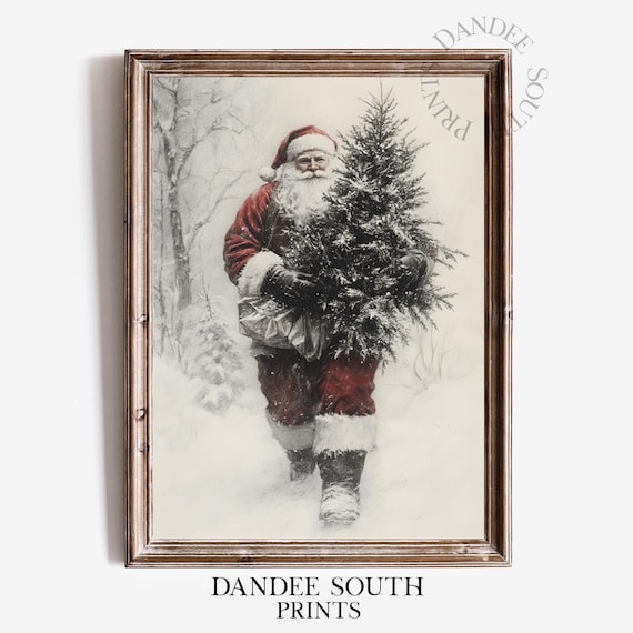 Santa Claus Carrying Christmas Tree Snowy Vintage Style Art Print