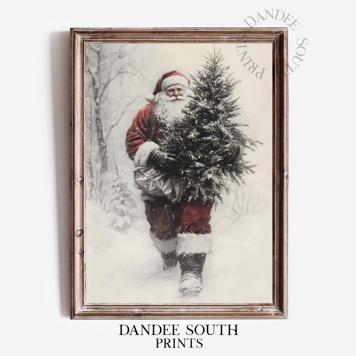 Santa Claus Carrying Christmas Tree Snowy Vintage Style Art Print