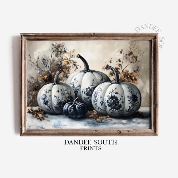 Black White Toile Pumpkins Wall Art Chinoiserie Autumn French Country Farmhouse Decor 622