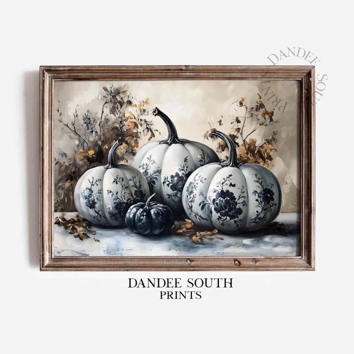Chinoiserie Blue White Floral Pumpkins Autumn Still Life Wall Art