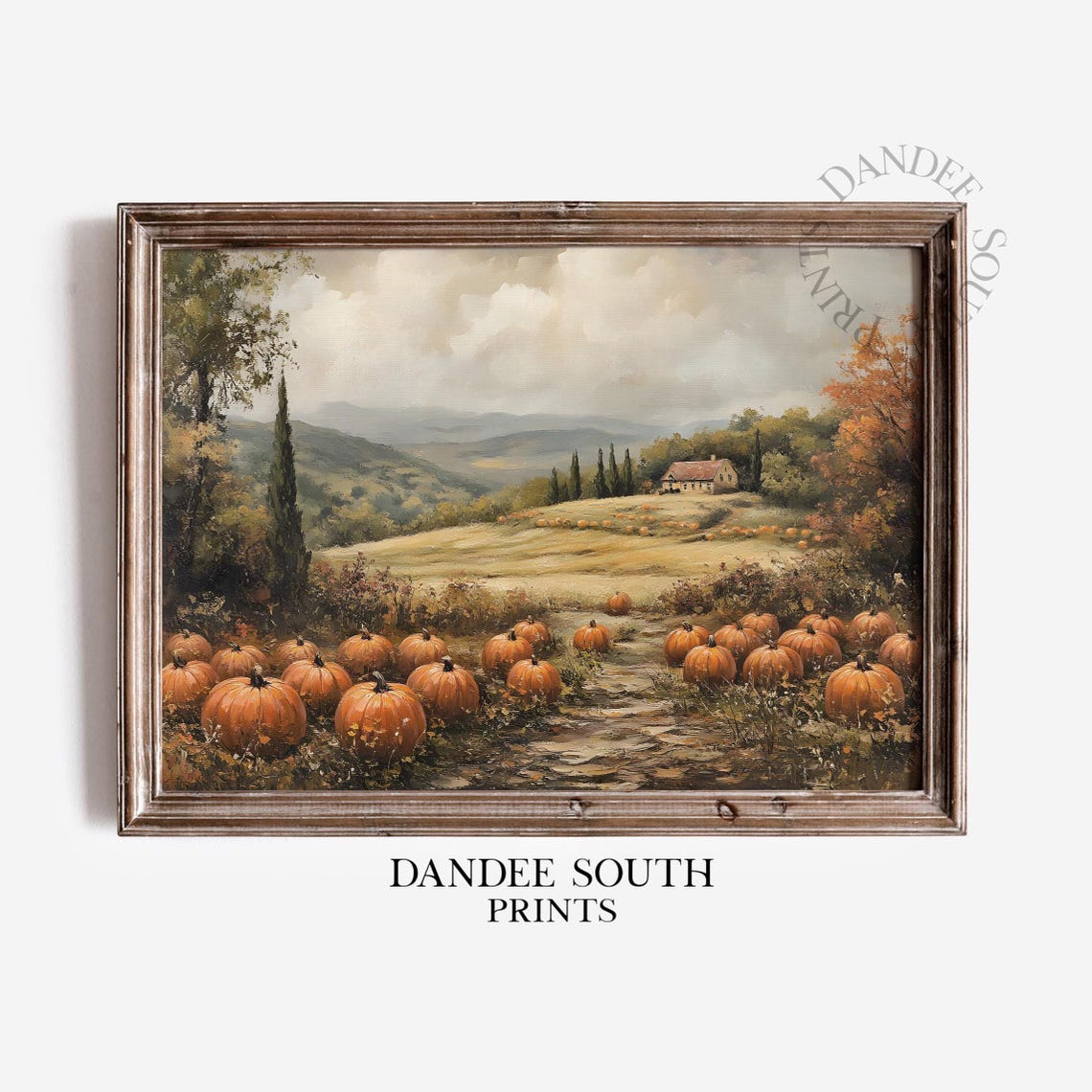Fall Farmhouse Landscape Painting Autumn Wall Art Pumpkins Vintage Decor 558