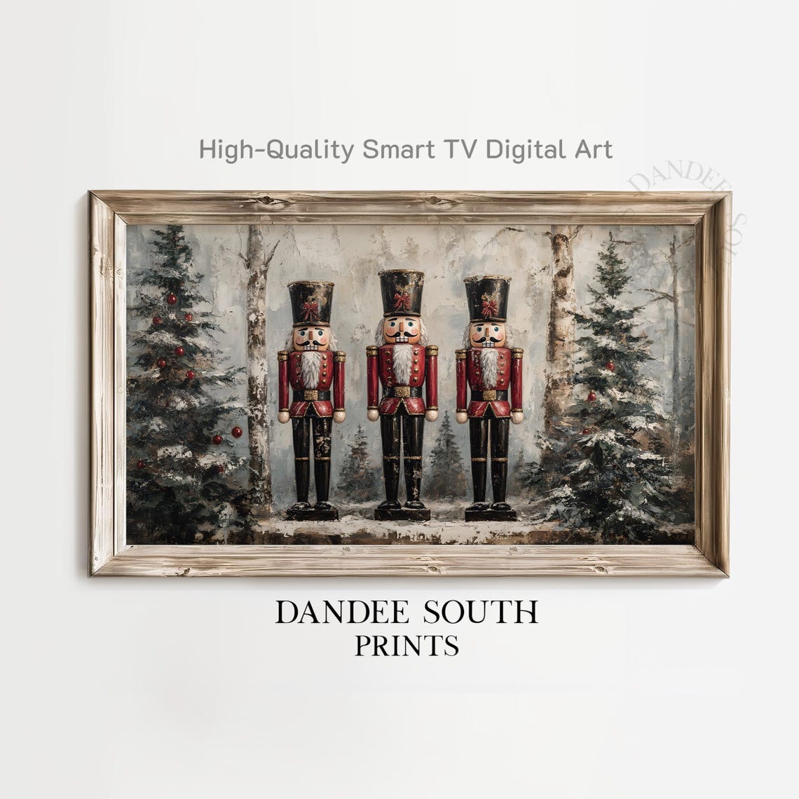 Three Nutcracker Soldiers Snowy Forest Vintage Christmas Wall Art