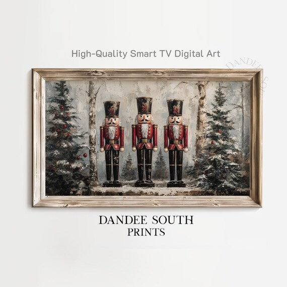 Three Nutcracker Soldiers Snowy Forest Vintage Christmas Wall Art