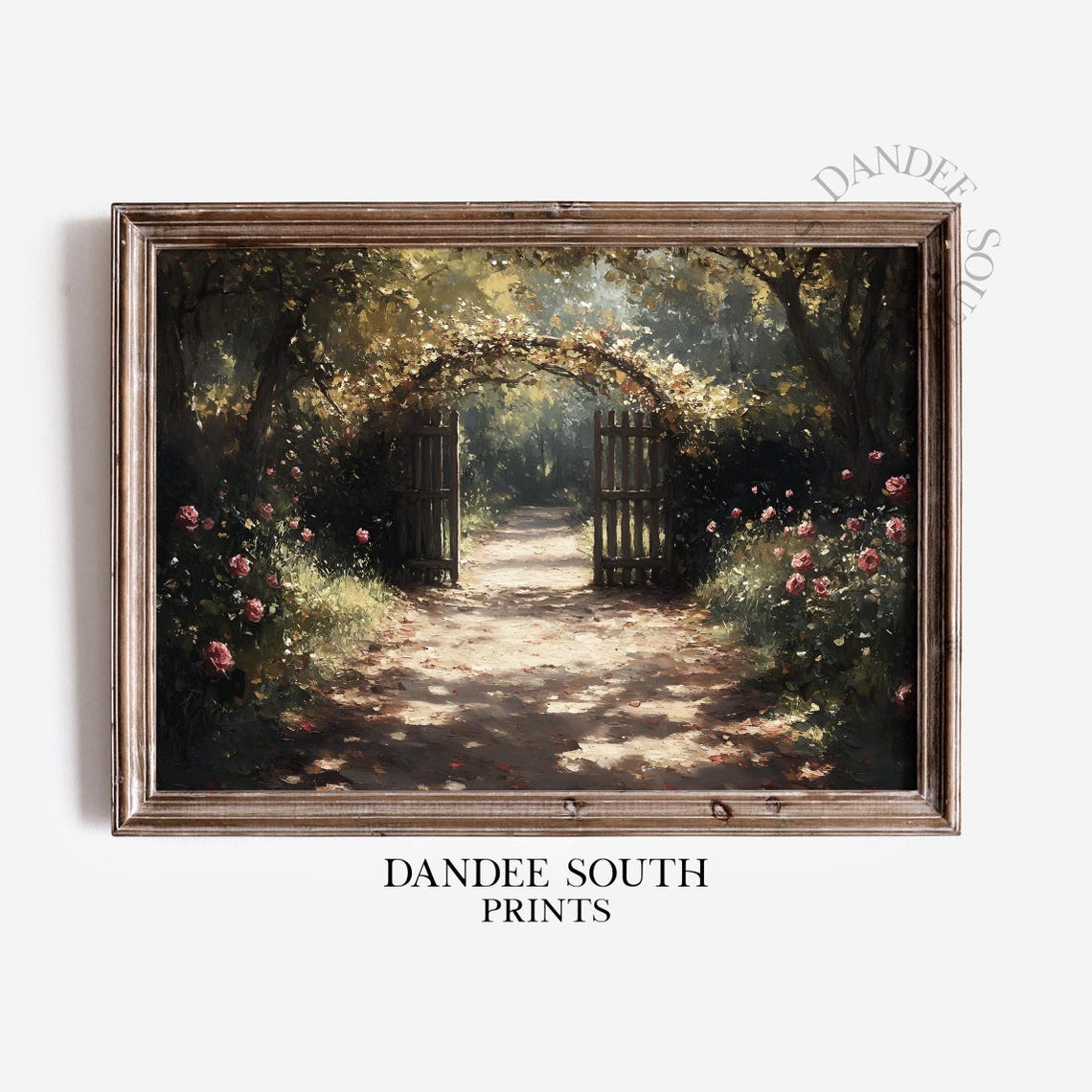 Vintage Rose Garden Gate Sunlit Path Romantic Floral Painting Poster