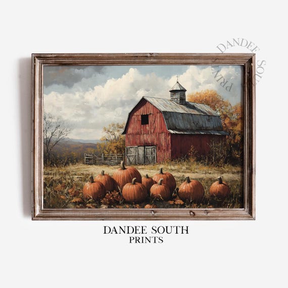 Rustic Fall Barn Wall Art Vintage Autumn Landscape Farmhouse Print Pumpkins Home Decor 597