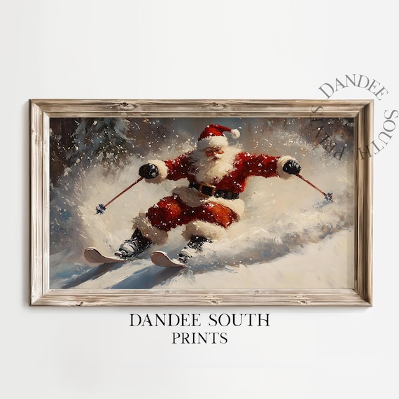 Santa Claus Skiing Downhill Funny Vintage Christmas Painting Wall Art