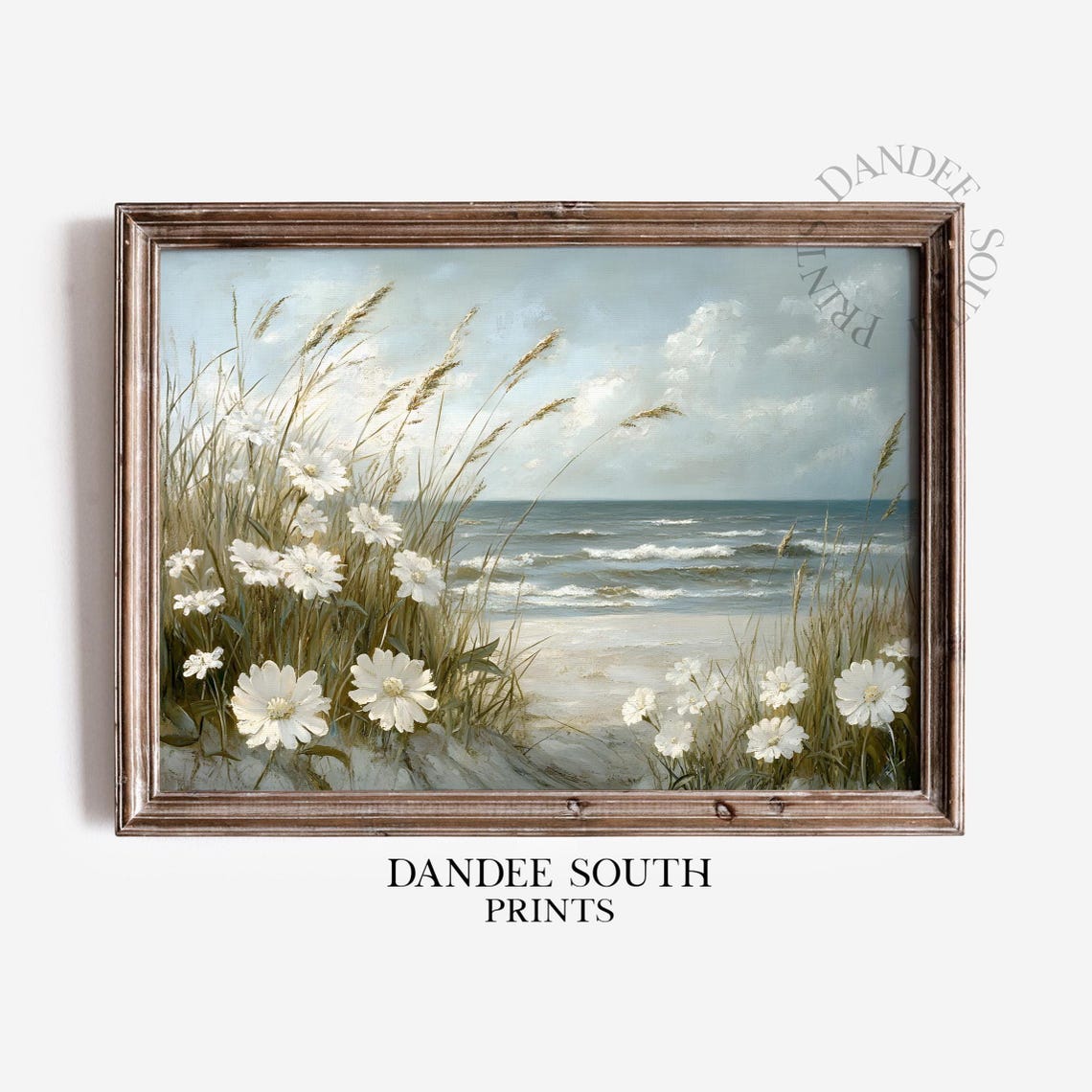 White Daisies and Beach Grass on Sandy Shoreline Painting Poster