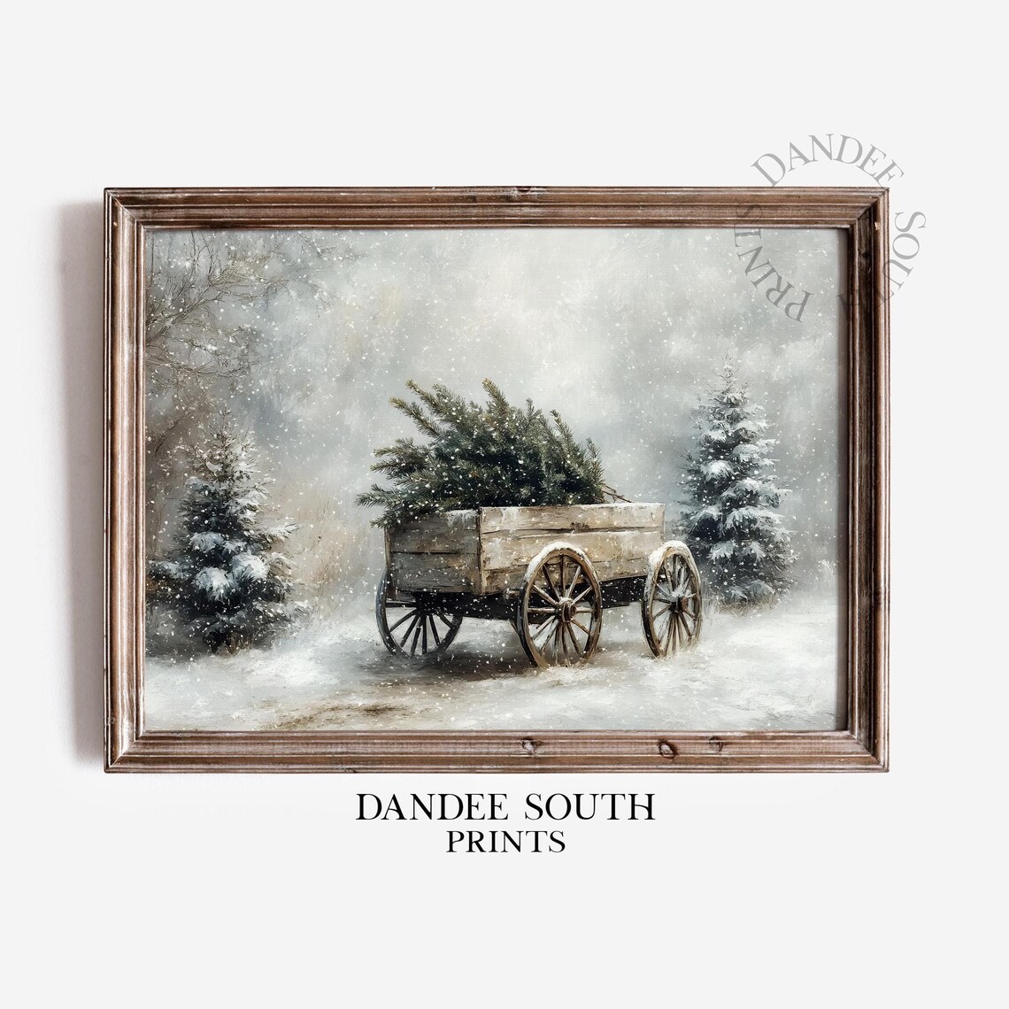 Wooden Wagon Christmas Trees Falling Snow Vintage Holiday Poster