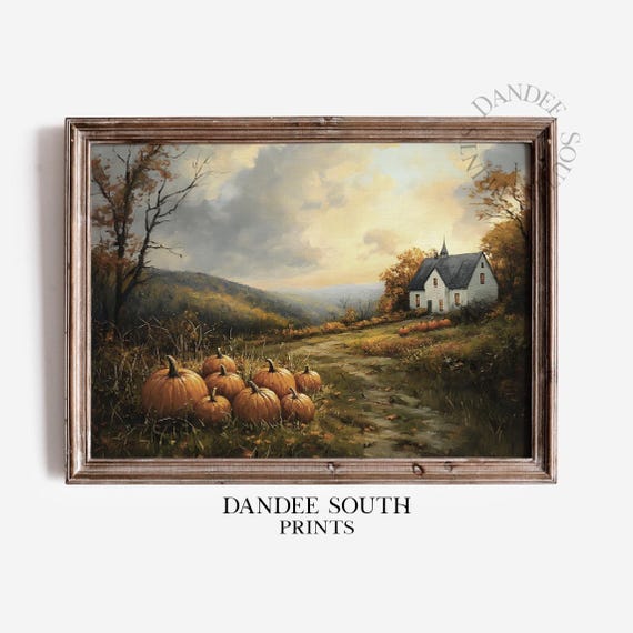 Fall Farmhouse Landscape Painting Autumn Wall Art Pumpkins Vintage Decor 541