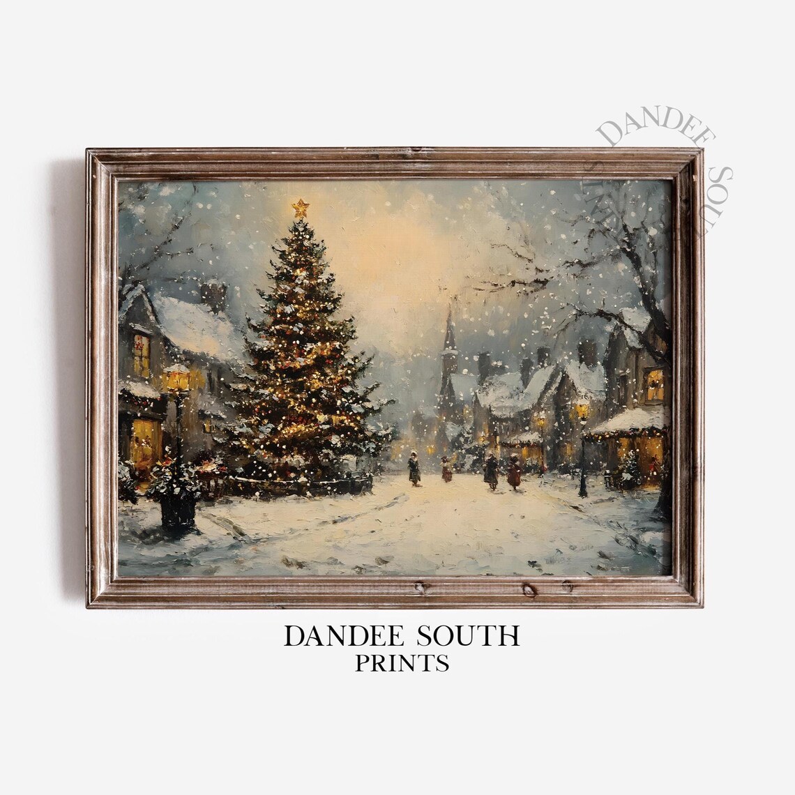 Vintage Christmas Village Snowy Street Tree Cozy Winter Night Poster