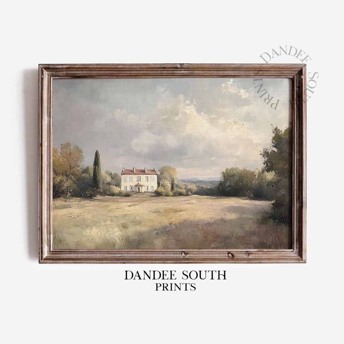 French Country Manor House Field Cloudy Sky Oil Painting Poster
