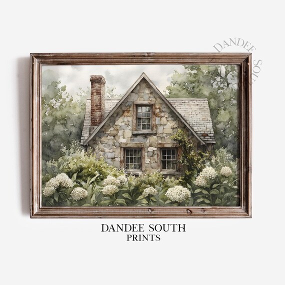 Rustic Stone Cottage White Hydrangeas Garden Watercolor Painting Poster