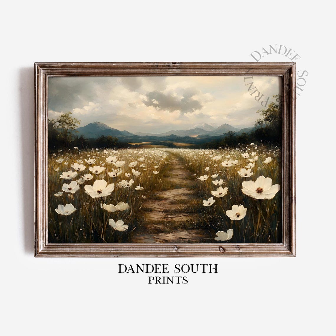 White Wildflower Path Twilight Mountains Vintage Painting Poster