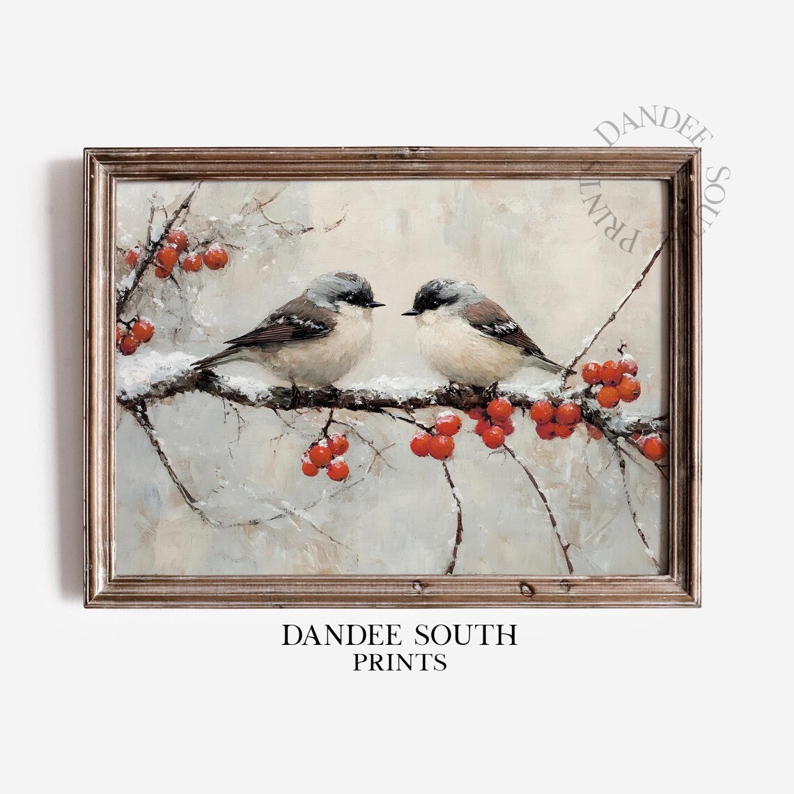 Winter Birds Snowy Branch Red Berries Holiday Farmhouse Wall Art