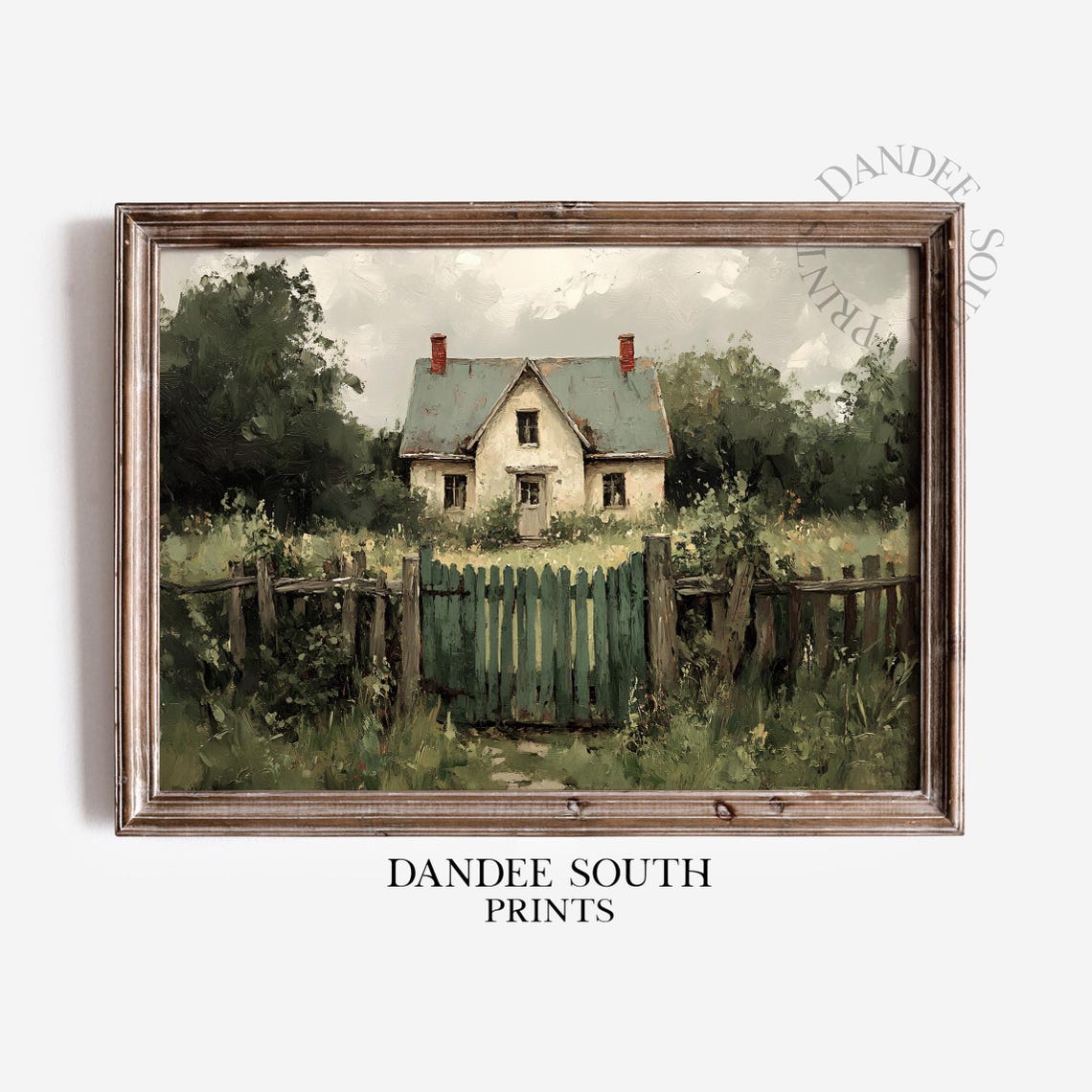 Old Stone Cottage Behind Green Fence Rustic Landscape Poster