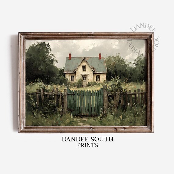 Old Stone Cottage Behind Green Fence Rustic Landscape Poster