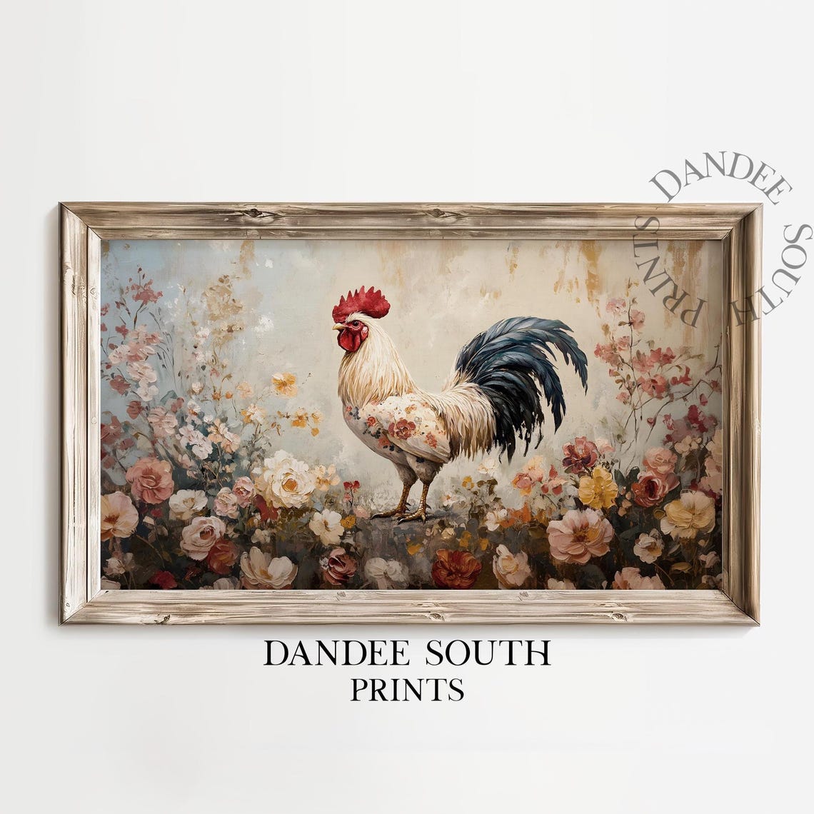 Elegant Rooster Among Blush Roses Vintage Floral Farmhouse Poster