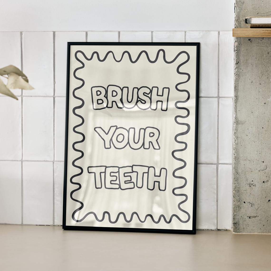 Brush Your Teeth Playful Wavy Squiggle Border Bathroom Wall Art