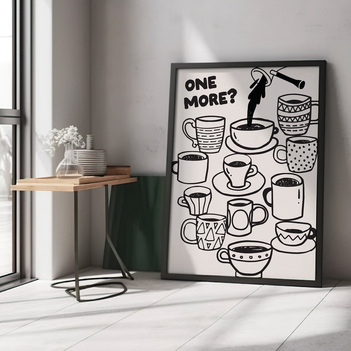 One More Question Coffee Cups Minimalist Line Drawing Kitchen Poster
