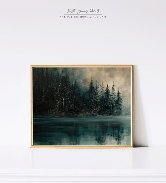 Vintage Moody Forest Lake Landscape Oil Painting Wall Art Rustic Print Dark Tones Print Pine Trees Instant
