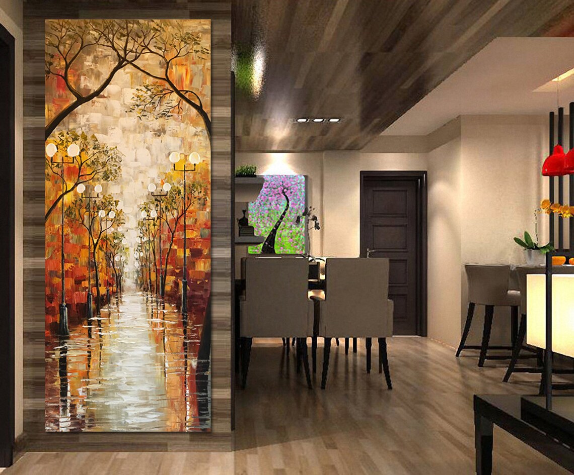 Rainy Night Street Lamps Reflection Wet Road Autumn Painting Poster - Image 3