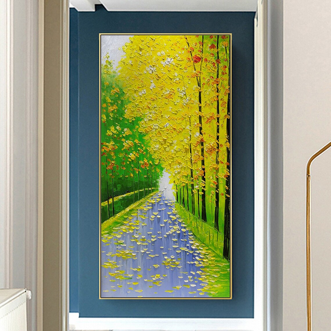 Hand Painted Forest Landscape Oil Painting On Green Yellow Abstract Painting Large Wall Art For Living Room Wall Decor Spiritual Art