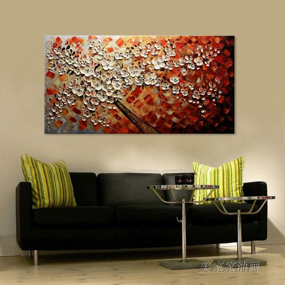 White Cherry Blossom Tree On Fiery Red Textured Oil Paint Poster