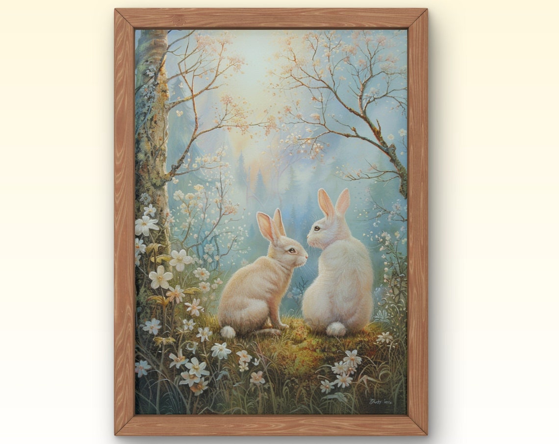 Two White Bunnies in Spring Wildflower Meadow Cute Nursery Wall Art