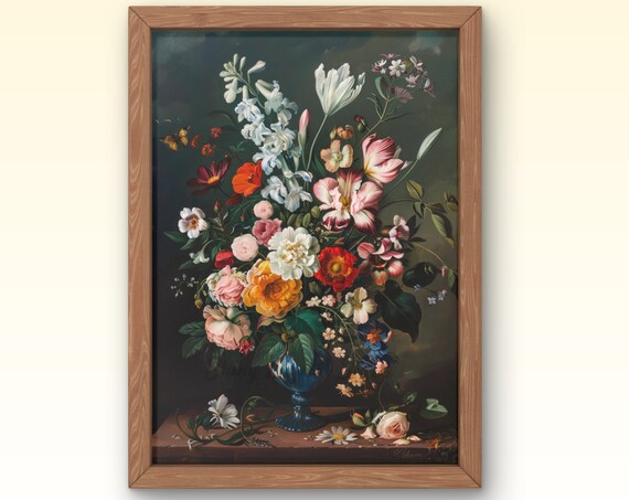 Vintage Moody Dark Flower Print Dark Academia Botanical Wall Art Floral Still Life Oil Painting Art