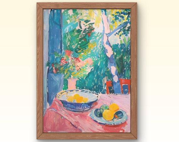 Sunlit Garden Terrace with Citrus Bowl Fauvist Style Summer Wall Art