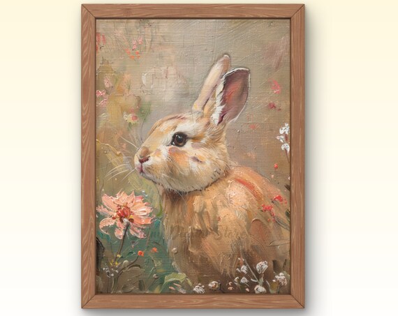 Spring Bunny Rabbits Spring Decor Vintage Farmhouse Print Vintage Rabbit Painting Spring Print Moody Spring Wall Art Wildflower Art