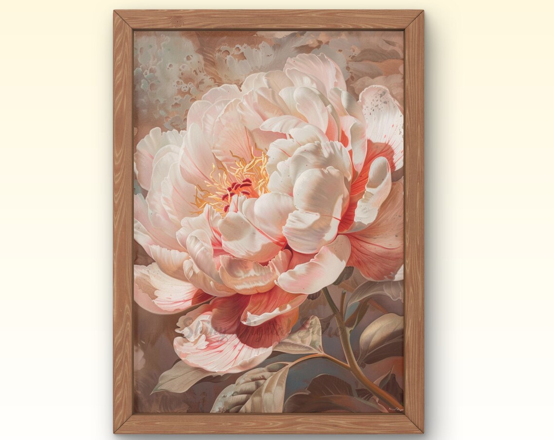 Blush Pink Peony Flower Painting Vintage Romantic Floral Wall Art