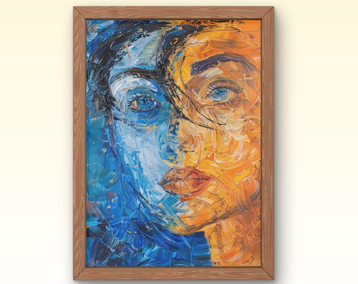 Blue Orange Impasto Woman Portrait Oil Painting Modern Art Print